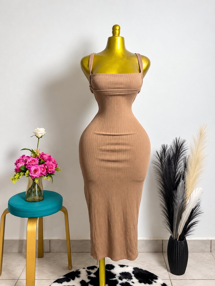 Robe côtelée camel dos croisé