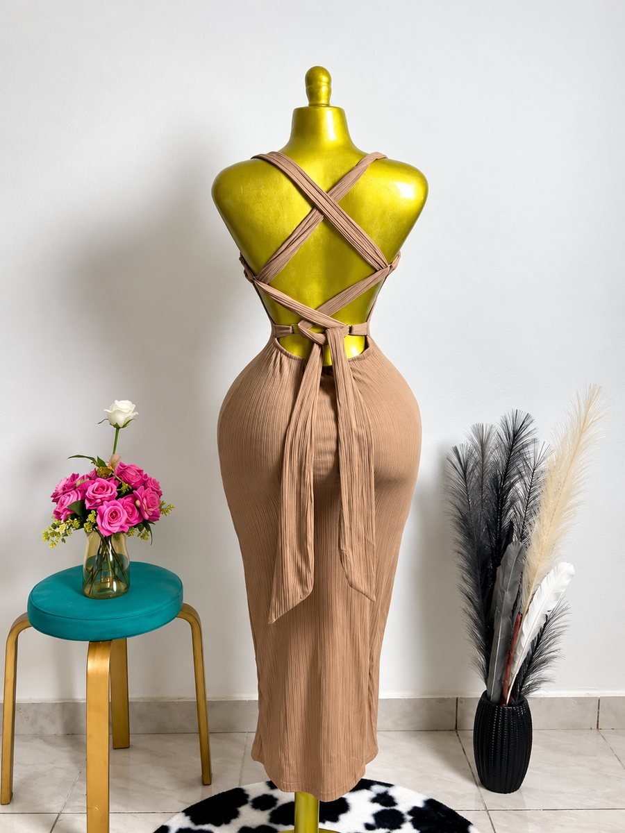 Robe côtelée camel dos croisé