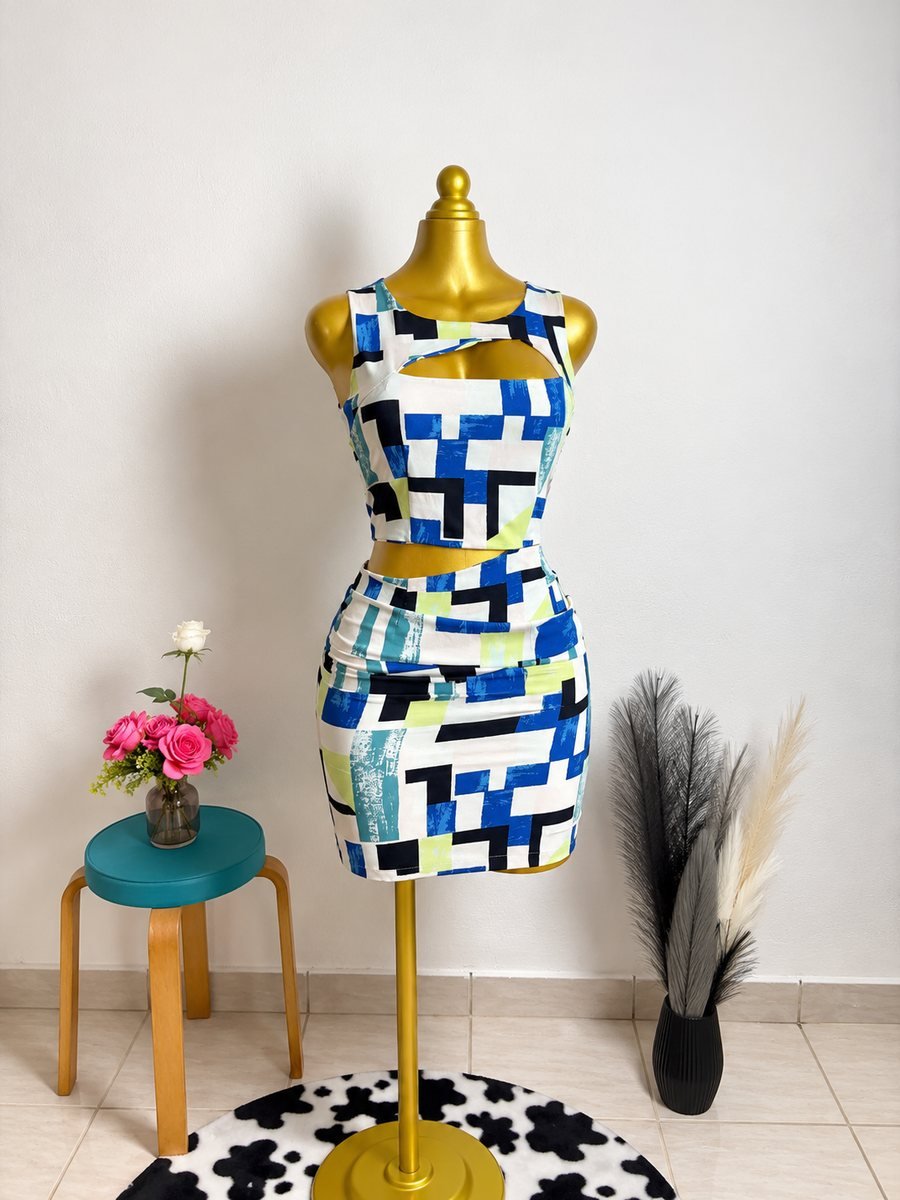 Robe courte imprimé graphique bleu
